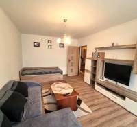 Nappali fa dekor padlóval egy kétszobás lakásban, kanapé és televízió.