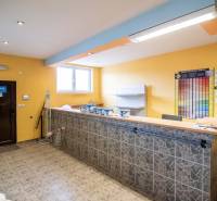 A raktárak és csarnokok belső tere pulttal, polcokkal és színes mintákkal a falon.