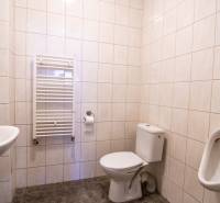 Fürdőszoba raktárakban és csarnokokban WC-vel, piszoárral és a falon radiátorral.