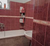 Fürdőszoba zuhanyzóval, piros csempével kirakva, családi házban.