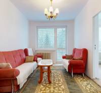 Nappali egy négyszobás lakásban piros kanapékkal és mintás szőnyeggel.