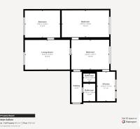 Négy szobás lakás alaprajza konyhával, nappalival, hálószobákkal és két fürdőszobával.