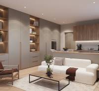 Világos nappali tér egy egyszobás lakásban, fa dekor padlóval és beépített könyvespolccal.