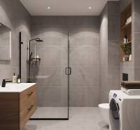 Fürdőszoba zuhanyzóval, mosdóval, mosógéppel és polcokkal egy egyszobás lakásban.