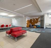 Irodák piros kanapékkal, konferenciaasztallal, mintás szőnyeggel és fa dekorációkkal.