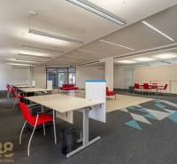 Irodák belső tere piros székekkel és szőnyegmintás padlóval.