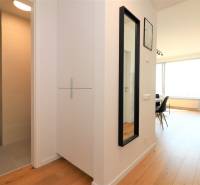 2 szobás lakás belső tere fürdőszobával, tükörrel és fa dekorációjú padlóval.