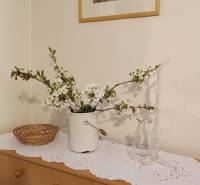 Családi ház virágokkal a komódon, díszes terítővel és képpel a falon.