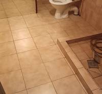 Fürdőszoba családi házban csempékkel és WC-vel, egyszerű és takarékos kialakítás.