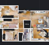 Négy szobás lakás alaprajza fa dekor padlóval és berendezéssel.