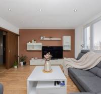 Nappali egy négy szobás lakásban kanapéval, asztallal, televízióval és fa dekorációjú padlóval.