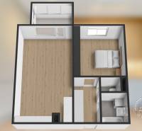 2 szobás lakás alaprajza fa dekor padlóval, hálószobával és fürdőszobával.