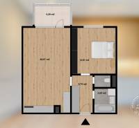 2 szobás lakás alaprajza erkéllyel, fa dekoros padlóval és egy fürdőszobával.