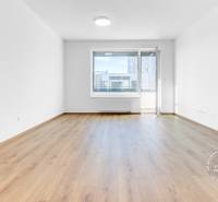 Tágas nappali egy kétszobás lakásban fa mintázatú padlóval és erkéllyel.