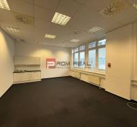 Az irodában fehér szekrények, szőnyegek, mennyezeti lámpák és nagy ablakok vannak.