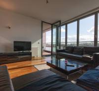 Nappali bőrkanapéval, TV-állvánnyal és fa dekorációjú padlóval, 2 szobás lakás.