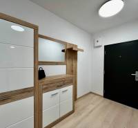 Folyosó fa dekorpadlóval egy 2 szobás lakásban, modern bútorokkal és sötét ajtókkal.