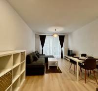 Nappali egy kétszobás lakásban kanapéval és étkezőasztallal, fa mintázatú padlóval.