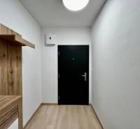 A 2 szobás lakásban van egy előszoba fogassal, fa dekoros padlóval és sötét ajtókkal.