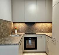 Konyha egy 2 szobás lakásban virágokkal, márványburkolattal és háztartási gépekkel.