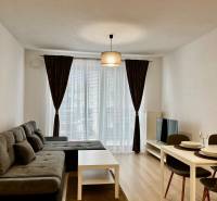 Nappali egy kétszobás lakásban kanapéval, étkezőasztallal és fa mintázatú padlóval.