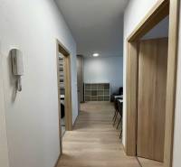 Folyosó egy kétszobás lakásban fa dekorációjú padlóval és egyszerű belső térrel.