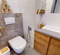 Fürdőszoba zuhanyzóval egy háromszobás lakásban, mosdó és WC fa dekorációval.