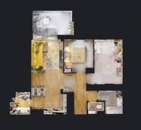 Háromszobás lakás alaprajza fa dekorációs padlóval és berendezéssel.