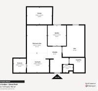 3 szobás lakás alaprajza konyhával, nappalival, fürdőszobával, terasszal és kamrával.