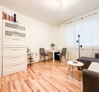 Garzonlakás kényelmes kanapéval, fehér bútorokkal és fa mintázatú padlóval.