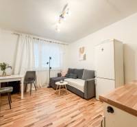 Garzonlakás fa dekor padlóval, szürke kanapéval és fehér hűtőszekrénnyel.