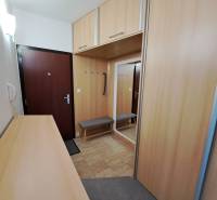 Előszoba egy háromszobás lakásban fogasokkal, tükörrel és szekrények fa dekorációjával.