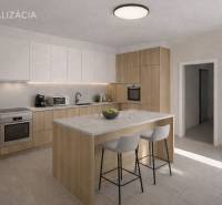 Konyha családi házban szigettel és fa mintázatú padlóval.