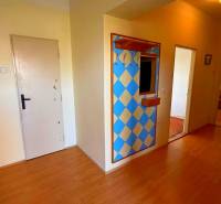 Folyosó a családi házban színes fallal és fa dekorációjú padlóval.