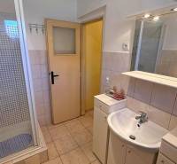 Fürdőszoba családi házban mosdóval, zuhanyzóval és csempével.