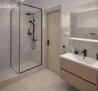 Fürdőszoba egy családi házban modern zuhanyzóval és tárolóhellyel rendelkező mosdóval.