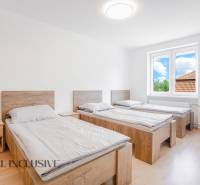 Három ágy a fa dekorációjú padló egy nagy ablakos szobában.