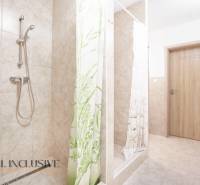 Fürdőszoba kerámia burkolattal, zuhanyzóval és faajtókkal.