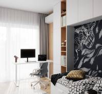 Gyerekszoba egy 4 szobás lakásban dolgozósarokkal és fa dekorációjú padlóval.