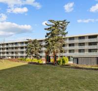 Négyemeletes lakóház, gyep veszi körül, Pozsony - Újváros, Skalická út.