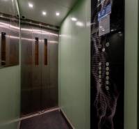 A lift belseje zöld falakkal, tükörrel és világítással.