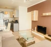 Nappali egy kétszobás lakásban kanapéval, TV-vel, konyhával és fa dekoros padlóval.