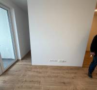 Egyszobás lakás belső tere fa dekor padlóval és erkéllyel.