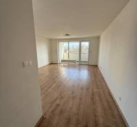 Világos nappali fa mintázatú padlóval egy kétszobás lakásban.