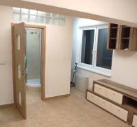 Egyszobás lakás nappalija fa mintázatú padlóval és semleges tónusú bútorokkal.