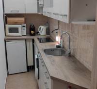 Keskeny konyha egy egyszobás lakásban, konyhapulttal, készülékekkel és tárolószekrényekkel.