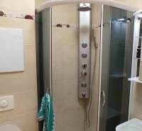 Fürdőszoba egy egyszobás lakásban sarokzuhannyal, mosdóval és WC-vel.