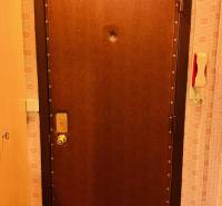 2 szobás lakás bejárati ajtaja fa mintázatú padlóval.