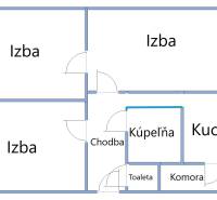3 szobás lakás alaprajza folyosóval, fürdőszobával, WC-vel, konyhával, kamrával, spájzszal és erkéllyel.