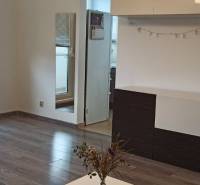 Nappali egy kétszobás lakásban fa dekor padlóval és bútorokkal.